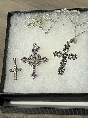 Cross Pendant Necklace Lot Rhinestone Marcasite Purple Silver Tone Christian